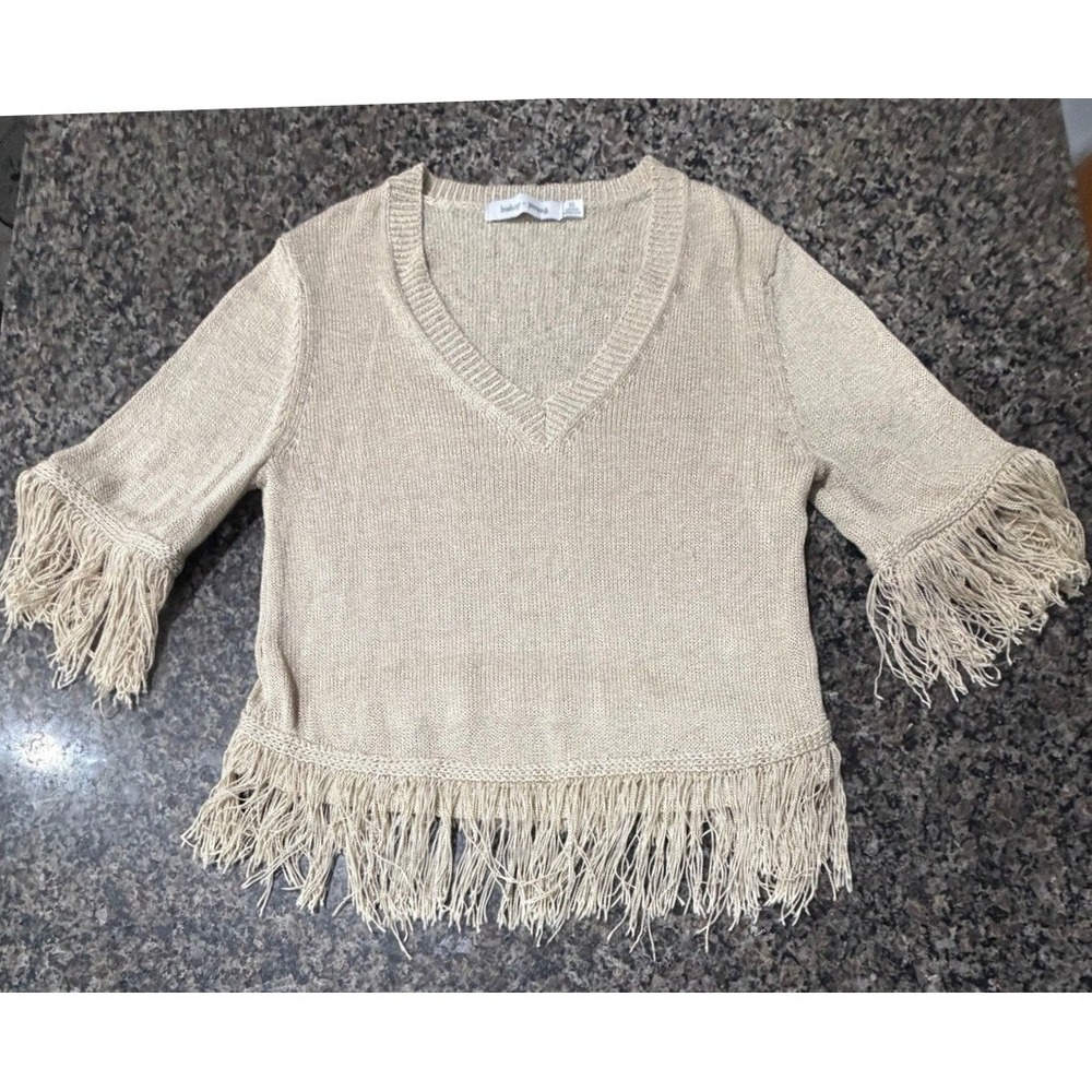 Bishop + Young Women Beige Fringe V-Neck Knit Sweater Top Sz XS Boho‎ Champagne